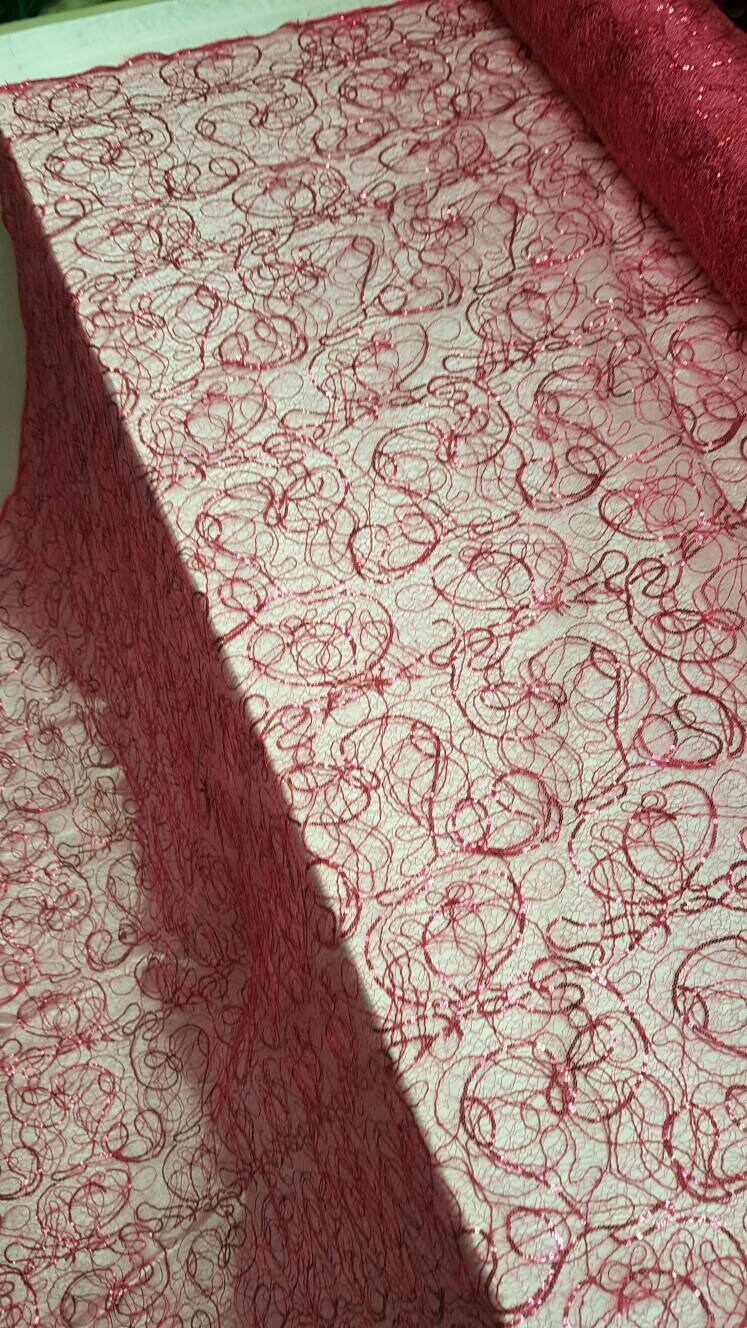 Hot Pink Spider Web Embroidered Lace Sequin Geometric Prom Fabric Sold by the Yard Quinceañera Bridal Party Decoration Draping