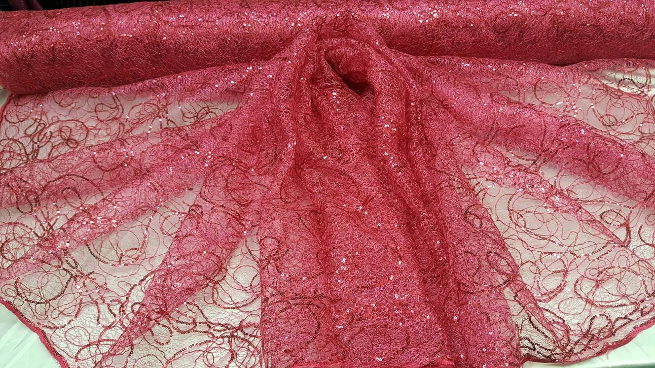 Hot Pink Spider Web Embroidered Lace Sequin Geometric Prom Fabric Sold by the Yard Quinceañera Bridal Party Decoration Draping