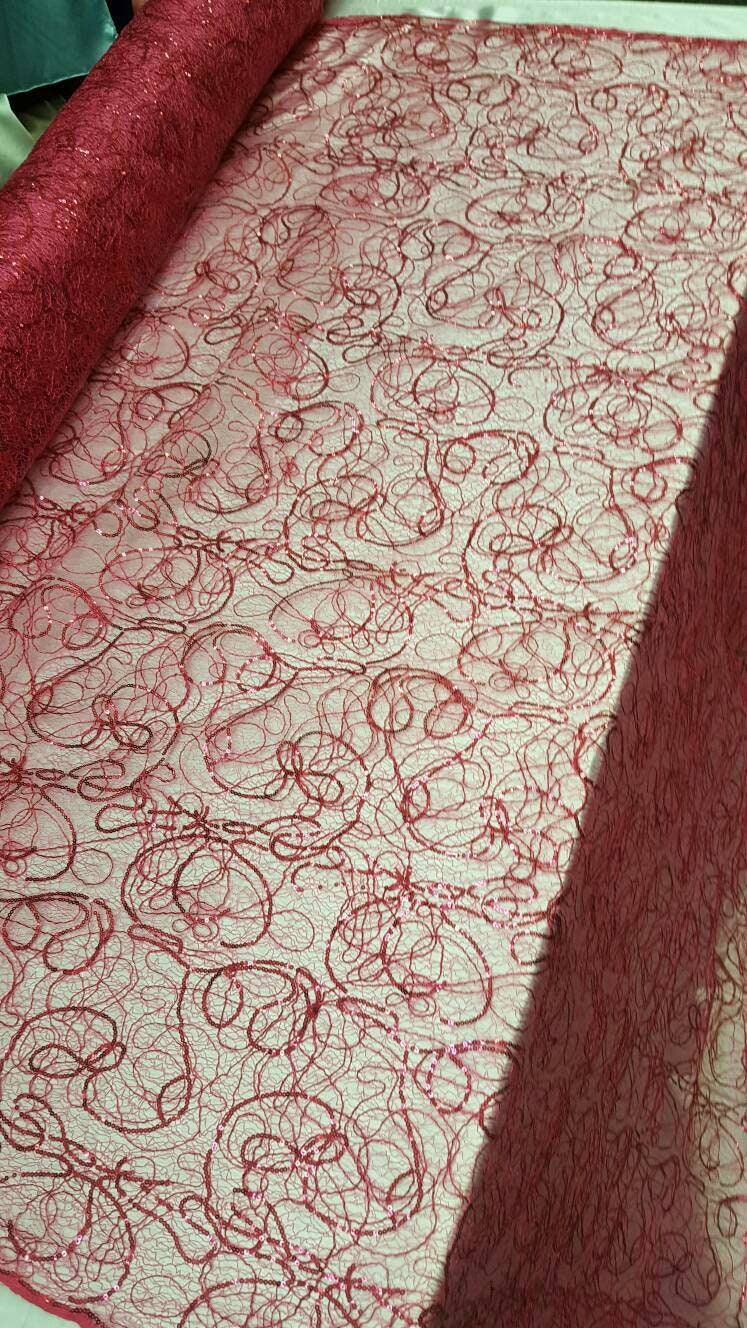 Hot Pink Spider Web Embroidered Lace Sequin Geometric Prom Fabric Sold by the Yard Quinceañera Bridal Party Decoration Draping