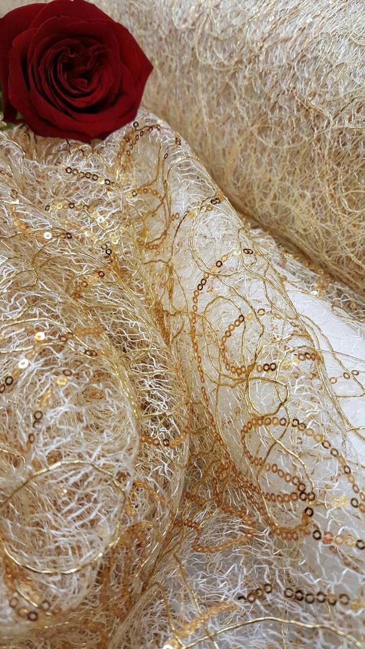 Gold Spider Web Embroidered Lace Sequin Geometric Prom Fabric Sold by the Yard Gown Quinceañera Bridal Gorgeous Decoration