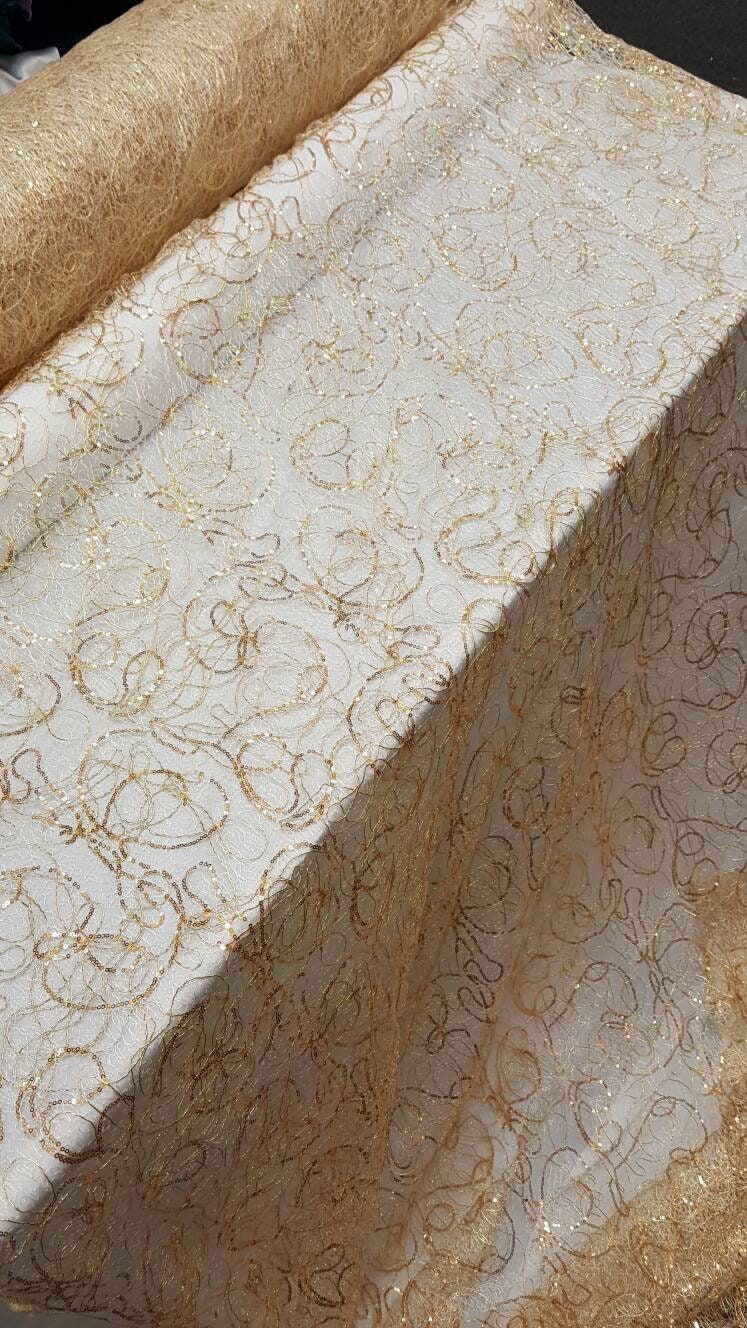 Gold Spider Web Embroidered Lace Sequin Geometric Prom Fabric Sold by the Yard Gown Quinceañera Bridal Gorgeous Decoration