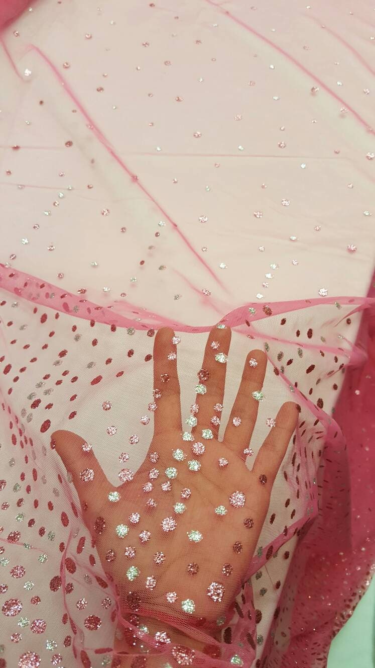 Hot Pink Stretch Mesh Sparkly Glued Silver Pink Glitter Prom Fabric Sold by the Yard Gown Quinceañera Bridal Evening Decoration
