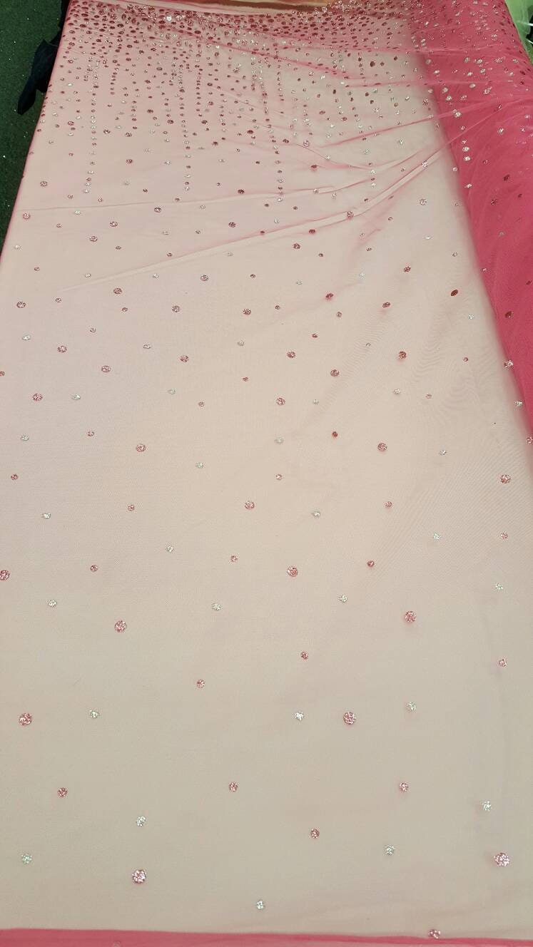 Hot Pink Stretch Mesh Sparkly Glued Silver Pink Glitter Prom Fabric Sold by the Yard Gown Quinceañera Bridal Evening Decoration