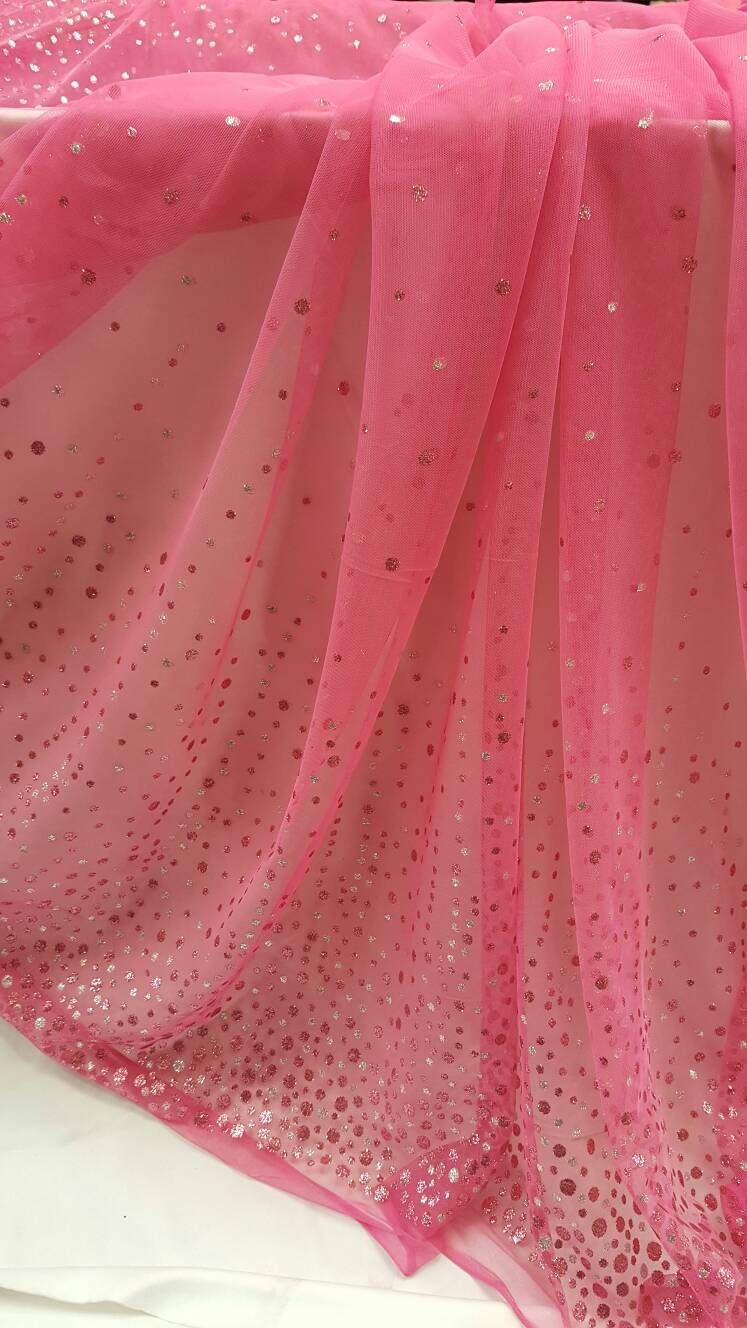 Hot Pink Stretch Mesh Sparkly Glued Silver Pink Glitter Prom Fabric Sold by the Yard Gown Quinceañera Bridal Evening Decoration