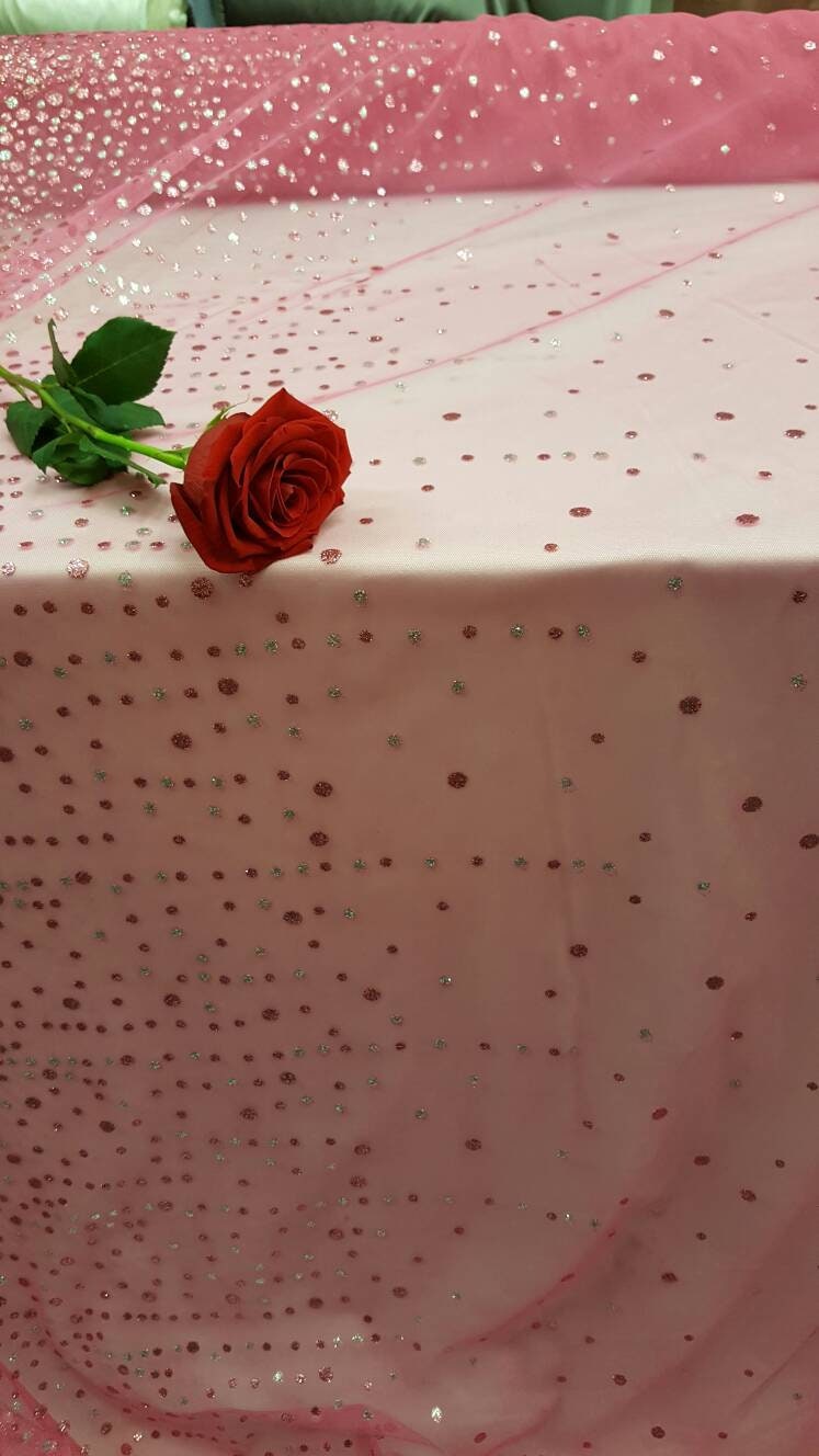 Hot Pink Stretch Mesh Sparkly Glued Silver Pink Glitter Prom Fabric Sold by the Yard Gown Quinceañera Bridal Evening Decoration