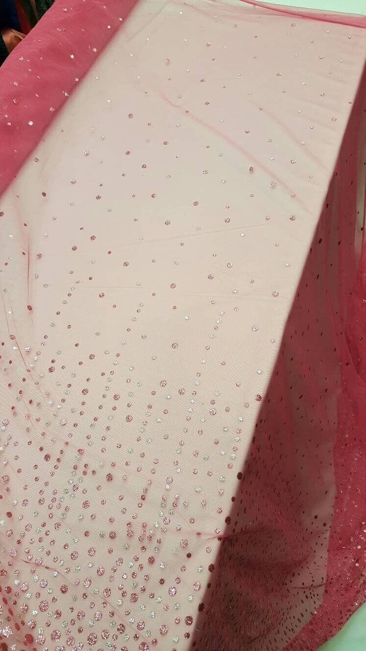Hot Pink Stretch Mesh Sparkly Glued Silver Pink Glitter Prom Fabric Sold by the Yard Gown Quinceañera Bridal Evening Decoration