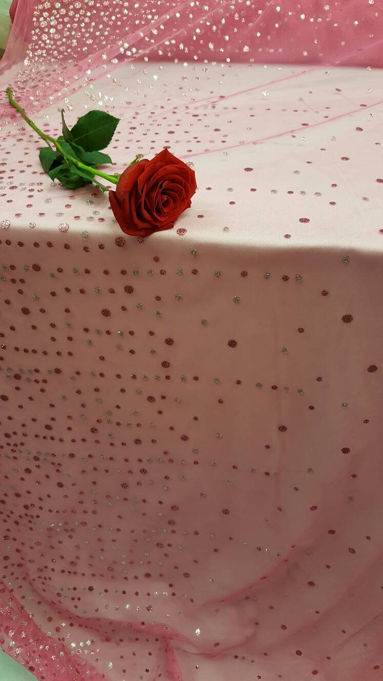 Hot Pink Stretch Mesh Sparkly Glued Silver Pink Glitter Prom Fabric Sold by the Yard Gown Quinceañera Bridal Evening Decoration