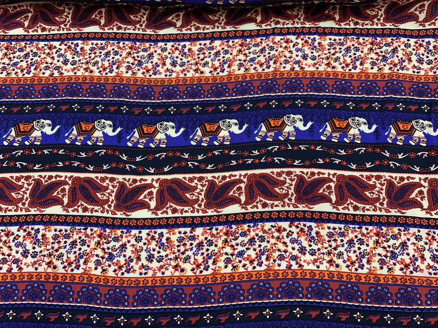 Rayon challis with elephant Indian inspiration royal blue orange multicolor 58-60" W organic fabric sold by the yard soft flowy fabric