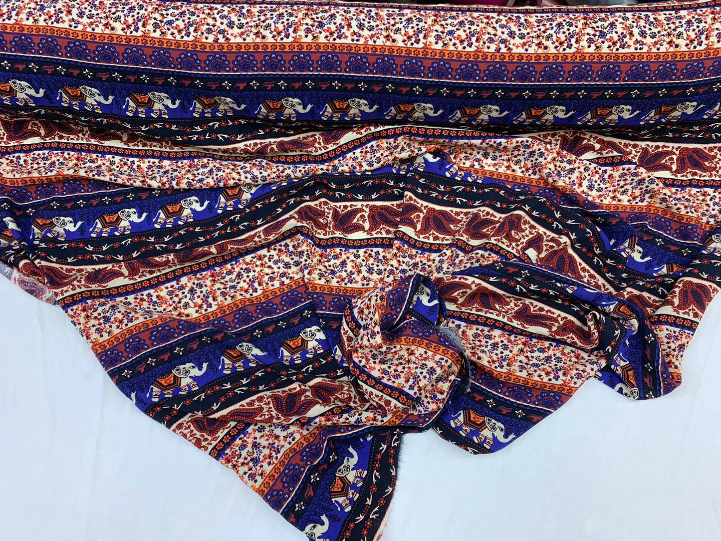 Rayon challis with elephant Indian inspiration royal blue orange multicolor 58-60" W organic fabric sold by the yard soft flowy fabric