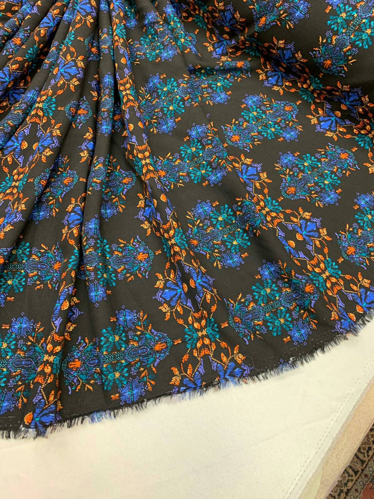 Rayon challis large paisley Boho pattern orange blue and green on black background Fabric by the yard soft flowy organic kids dress draping