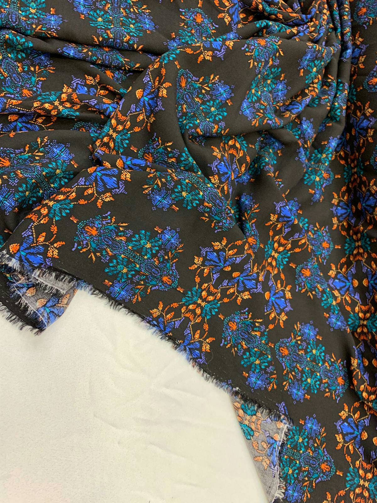 Rayon challis large paisley Boho pattern orange blue and green on black background Fabric by the yard soft flowy organic kids dress draping