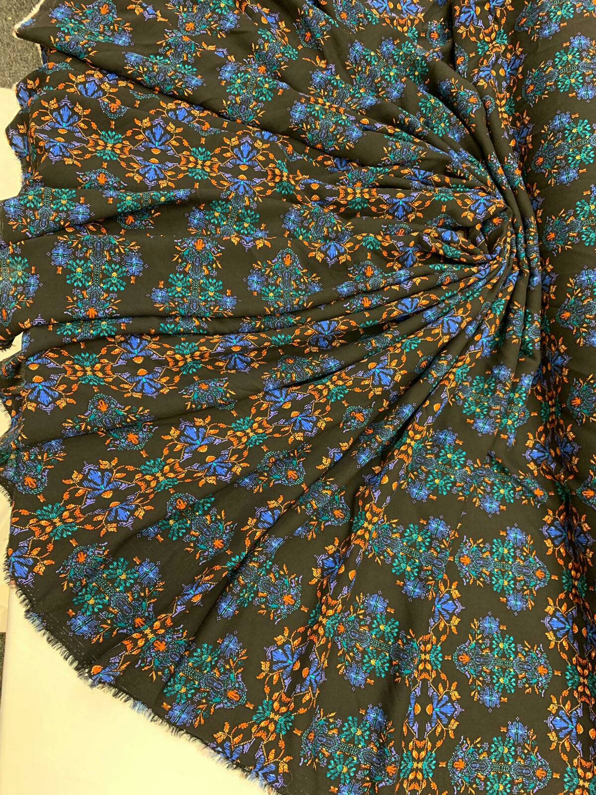 Rayon challis large paisley Boho pattern orange blue and green on black background Fabric by the yard soft flowy organic kids dress draping