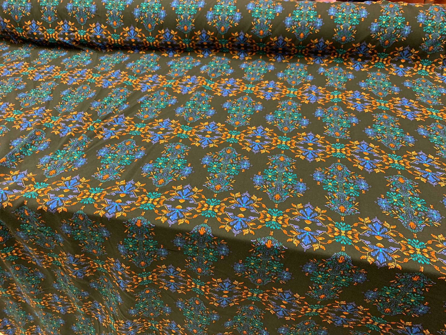 Rayon challis large paisley Boho pattern orange blue and green on black background Fabric by the yard soft flowy organic kids dress draping