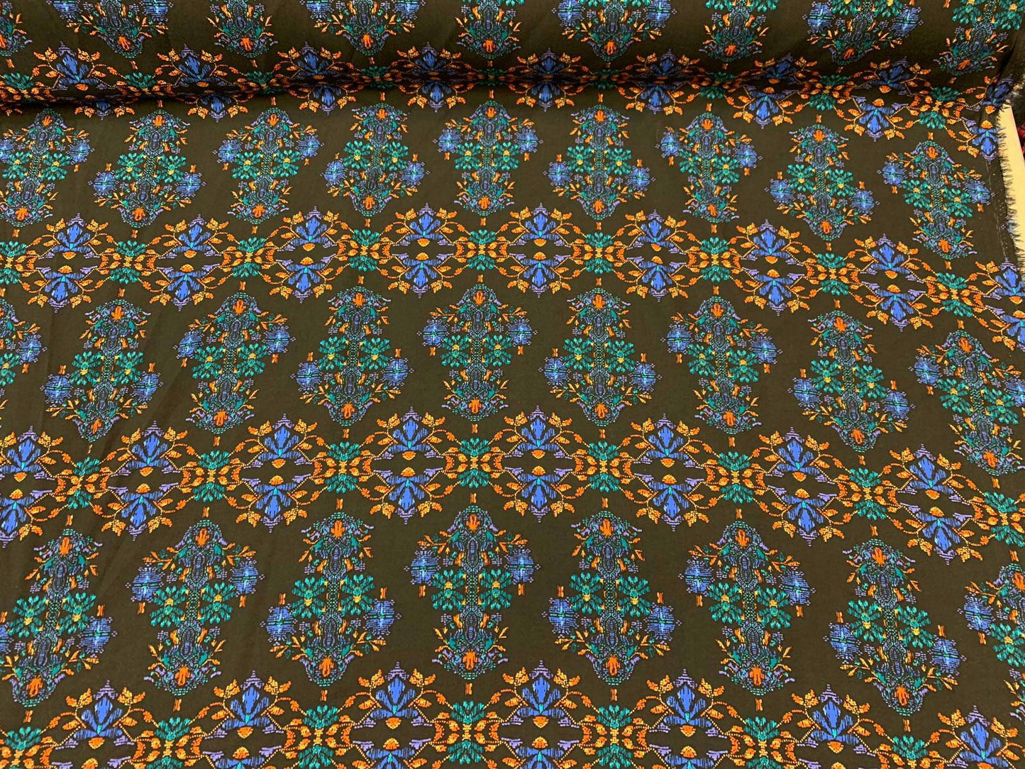 Rayon challis large paisley Boho pattern orange blue and green on black background Fabric by the yard soft flowy organic kids dress draping