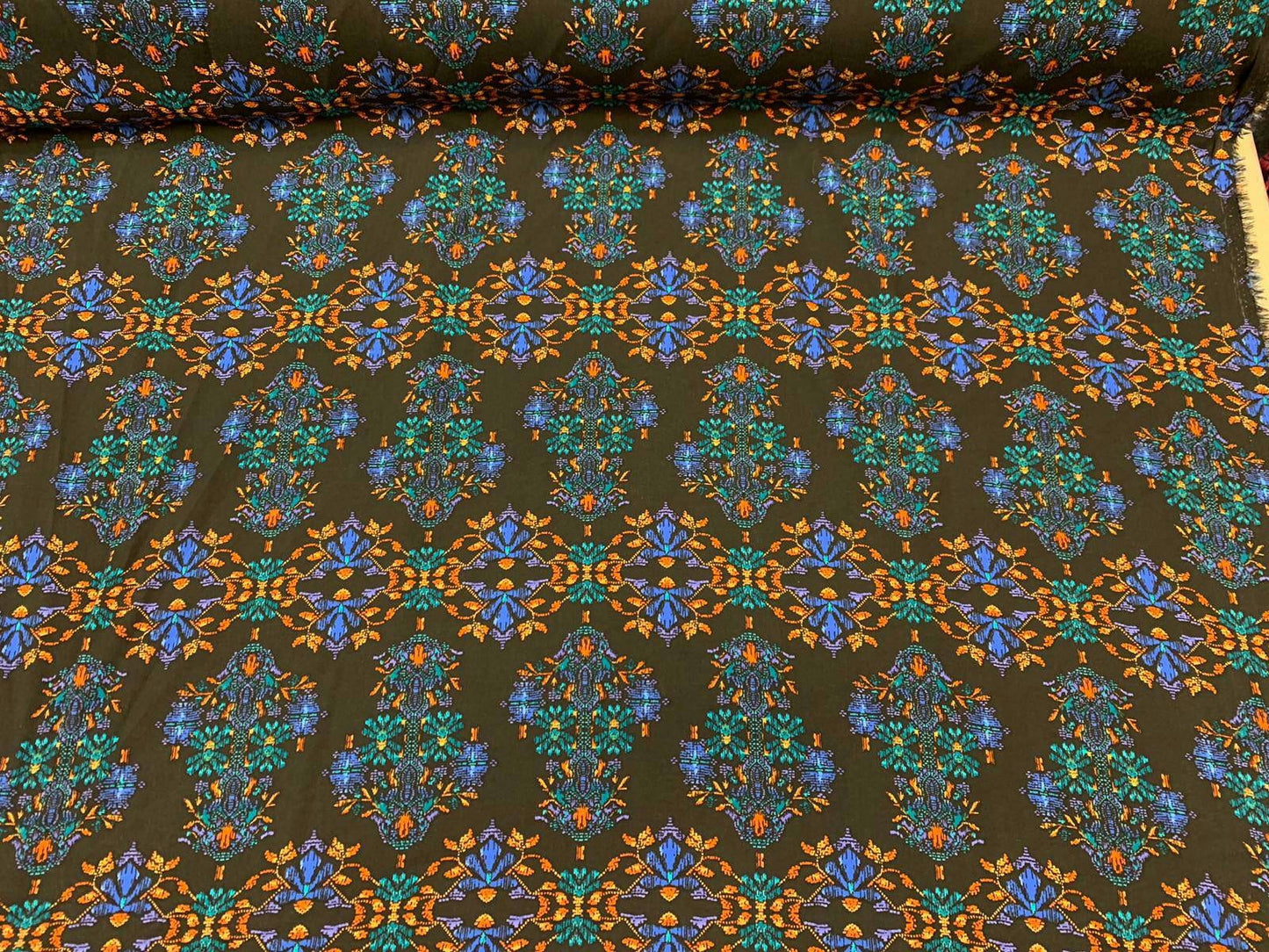 Rayon challis large paisley Boho pattern orange blue and green on black background Fabric by the yard soft flowy organic kids dress draping