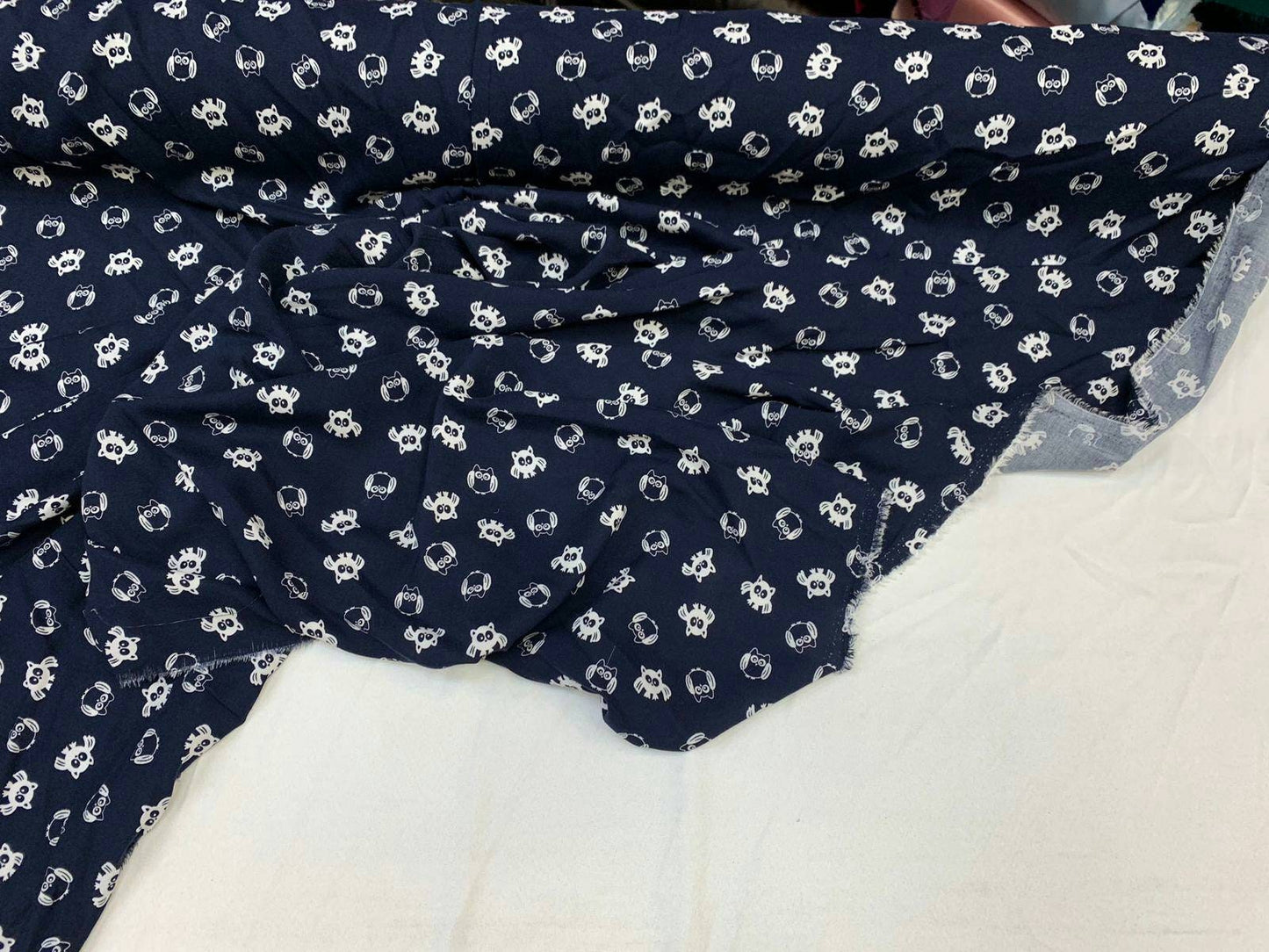 Rayon challis WHAT A HOOT owls on navy blue background 58 inches wide fabric sold by the yard soft organic fabric kids
