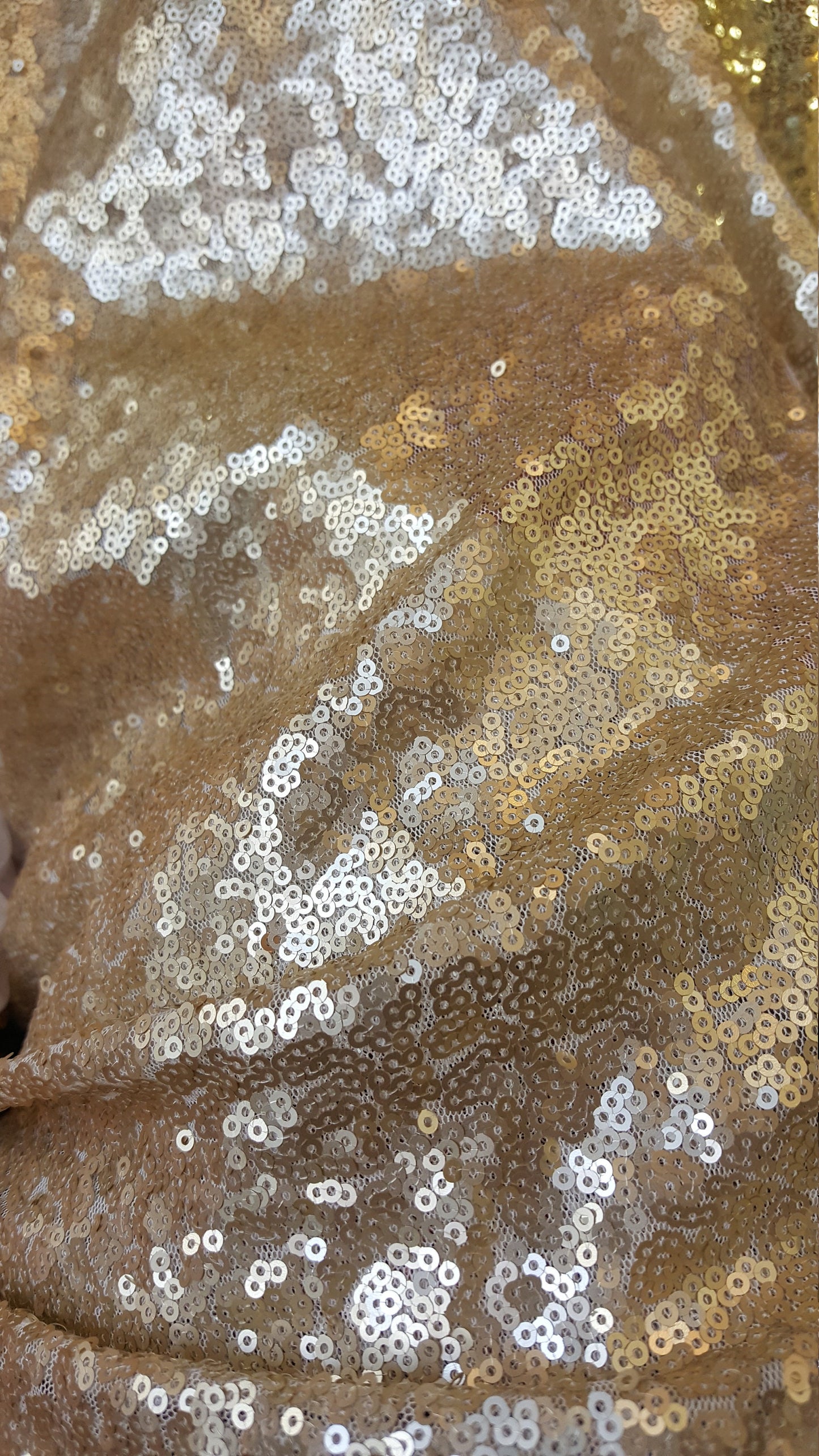 Gold Sequin Matte Glitz Sequin on White Mesh 2 Way Stretch Fabric Sold by the Yard Gorgeous Draping Fabric decoration clothing draping dress