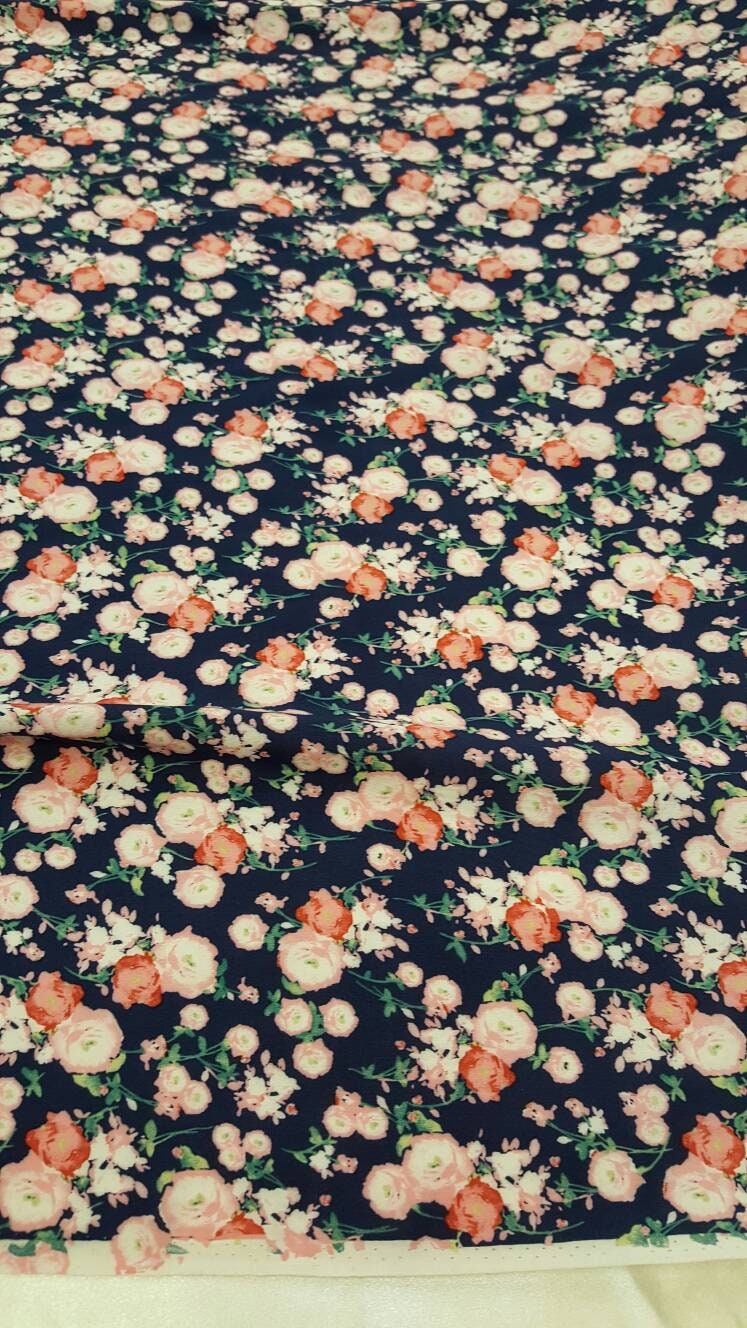 Rayon challis pink small flower print on navy blue background Fabric by the yard 58 inches wide fabric soft organic fabric kids dress