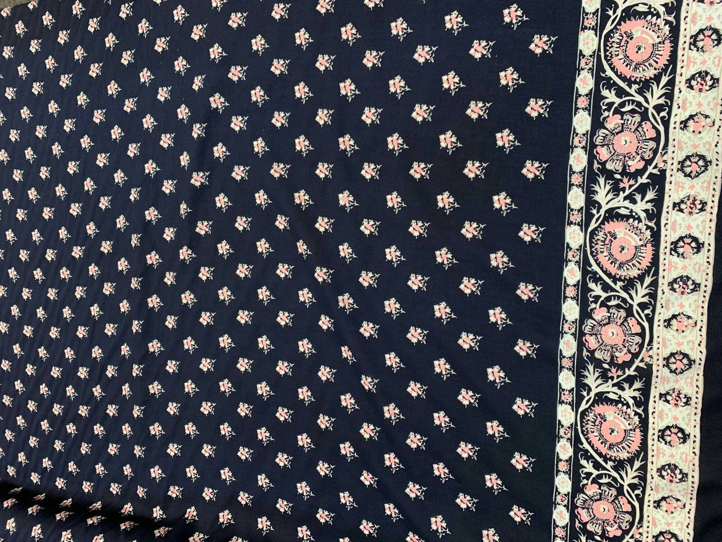 100% Japanese Rayon challis two border Navy blue and fuchsia pink design 58 inches Fabric by the yard for tablecloth, panels, decorations