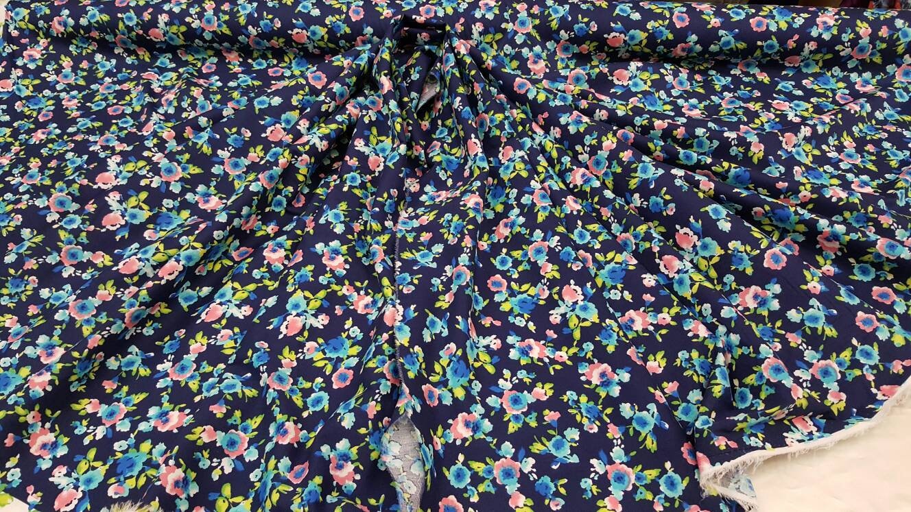 Rayon Challis Navy Blue Background Pink Small Flowers / Floral Print Fabric Sold by the Yard Organic Soft Flowy Kids Dress Draping Clothing