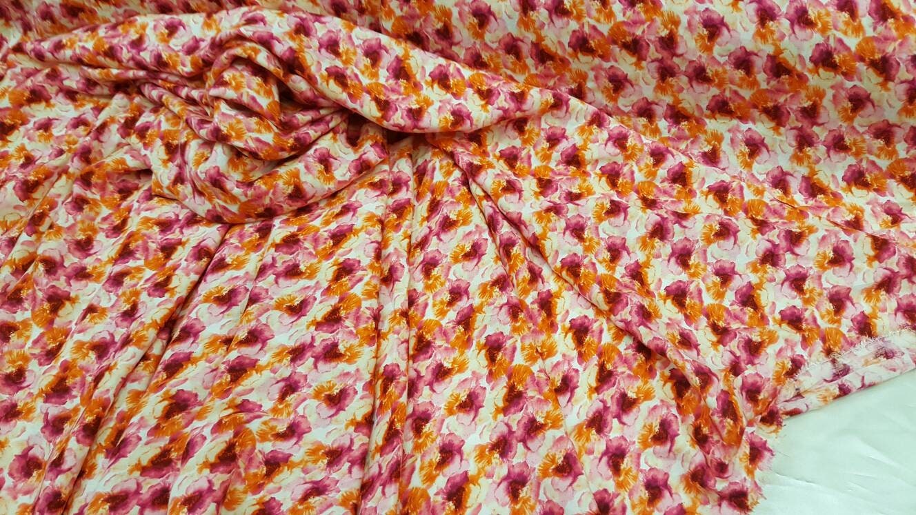 100% Rayon with Orange / Fuchsia Floral Print Fabric sold by the yard soft rayon organic fabric kids dress draping decoration