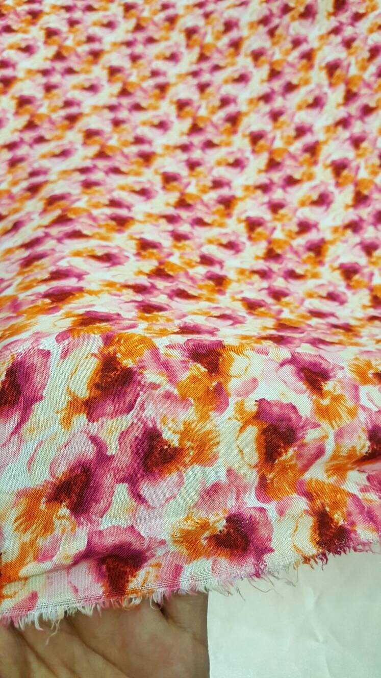100% Rayon with Orange / Fuchsia Floral Print Fabric sold by the yard soft rayon organic fabric kids dress draping decoration