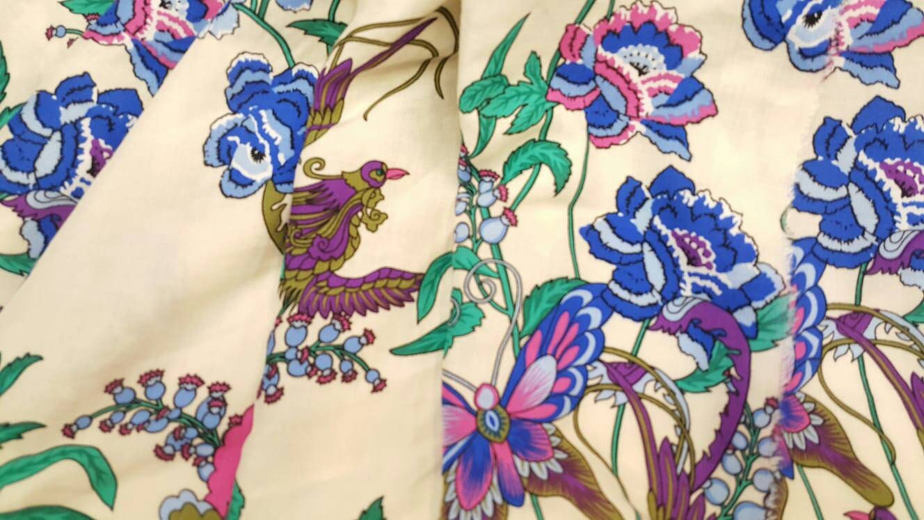 Rayon challis Bright Floral pattern butterflies bird multicolor Off white background fabric by the yard organic kids dress draping clothing