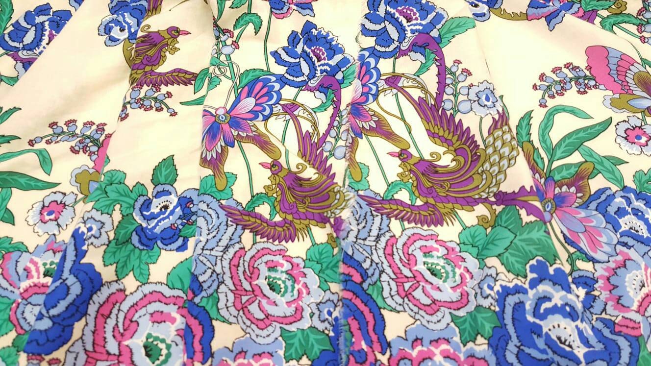 Rayon challis Bright Floral pattern butterflies bird multicolor Off white background fabric by the yard organic kids dress draping clothing