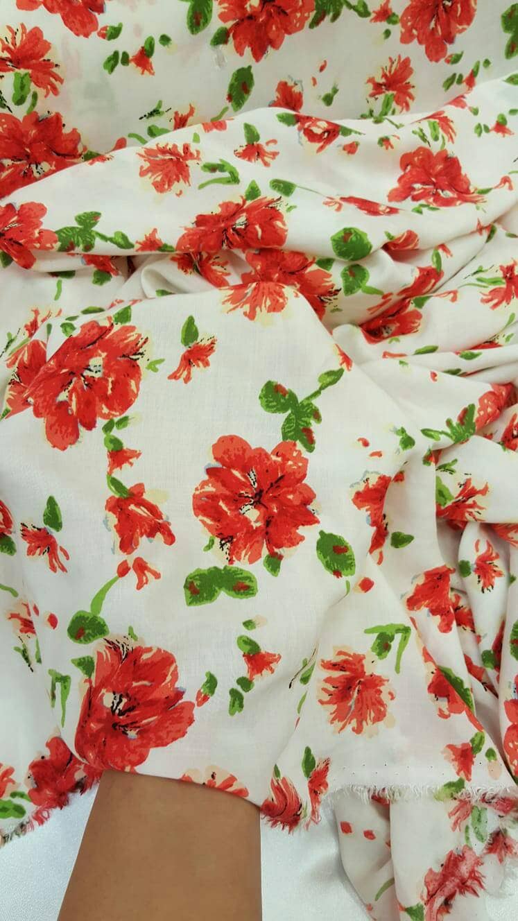 100% rayon challis red and green floral flowers inspired white background Fabric by the yard soft organic kids dress draping clothing flow