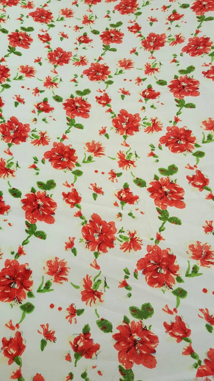100% rayon challis red and green floral flowers inspired white background Fabric by the yard soft organic kids dress draping clothing flow