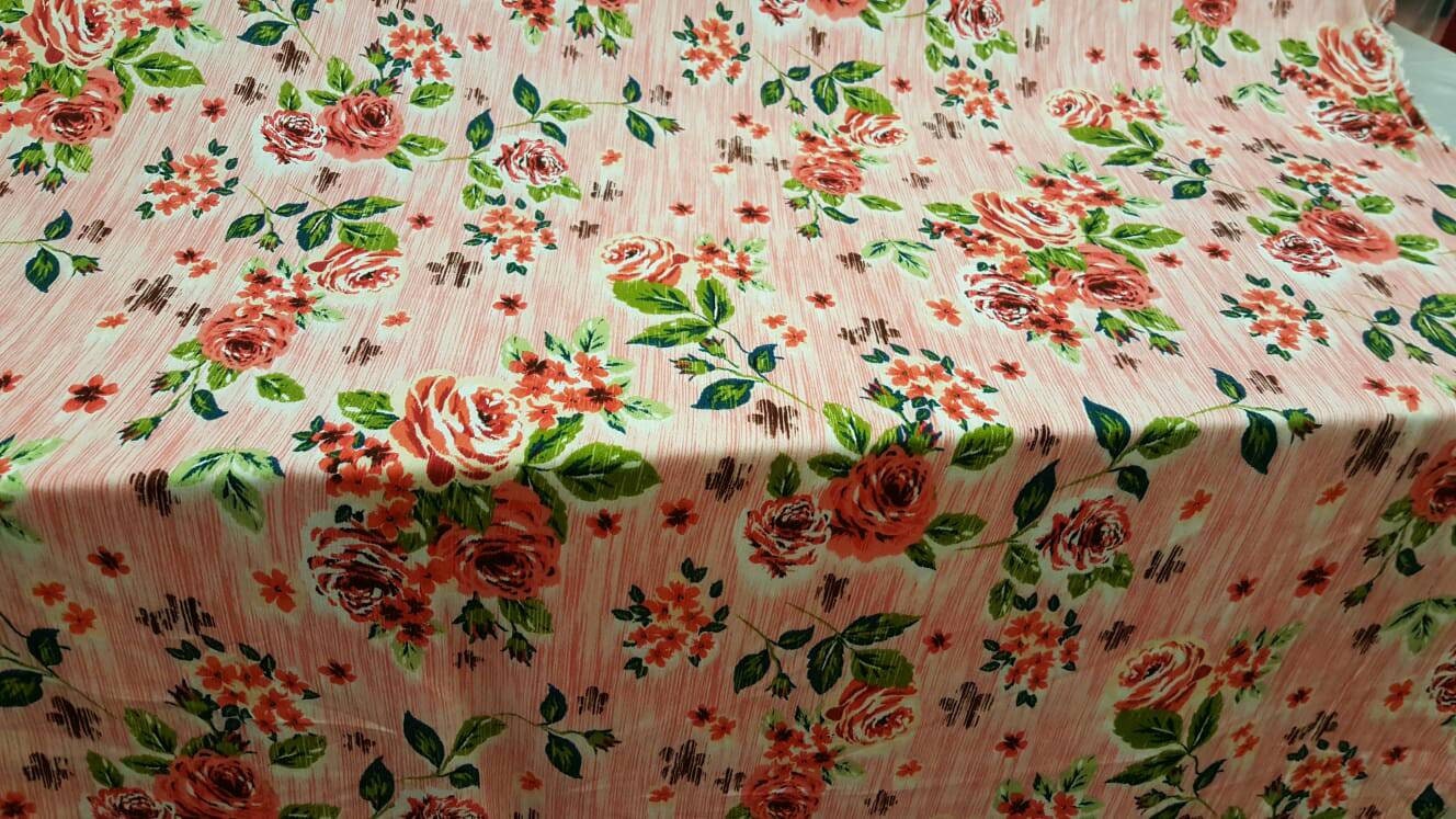 Rayon crepon textured floral flowers Coral and green on pink background organic fabric sold by the yard soft organic kids dress draping