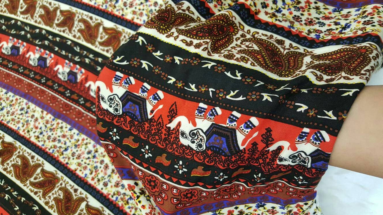 100% rayon challis small flower print elephant Indian inspiration Fabric by the yard 58 inches wide soft flowy multicolor