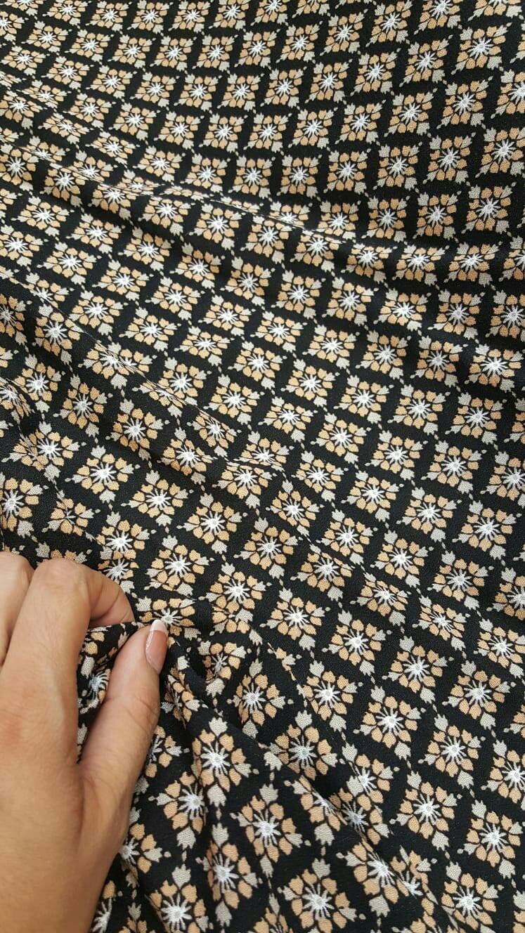 Rayon challis Tiny floral flowers gray champagne Beige on black background Fabric by the yard soft flowy organic kids dress draping clothing