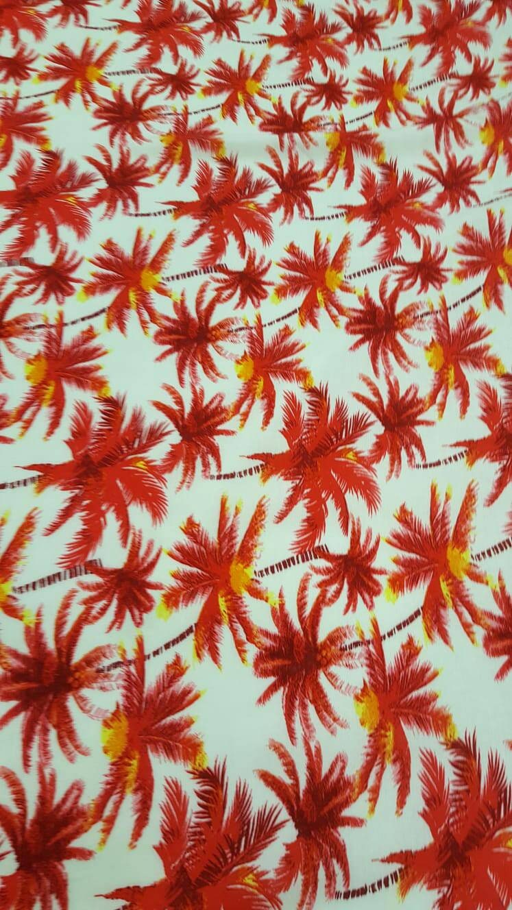 100% Rayon Challis off White Background Red Palm Trees 58 Inches Wide Sold by the Yard Soft Organic Kids Dress Draping Decoration Clothing