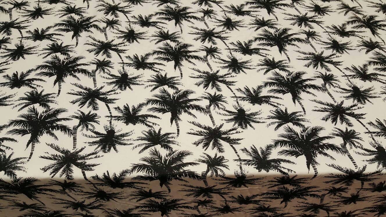 100% Rayon chally with off white background and black palmtrees