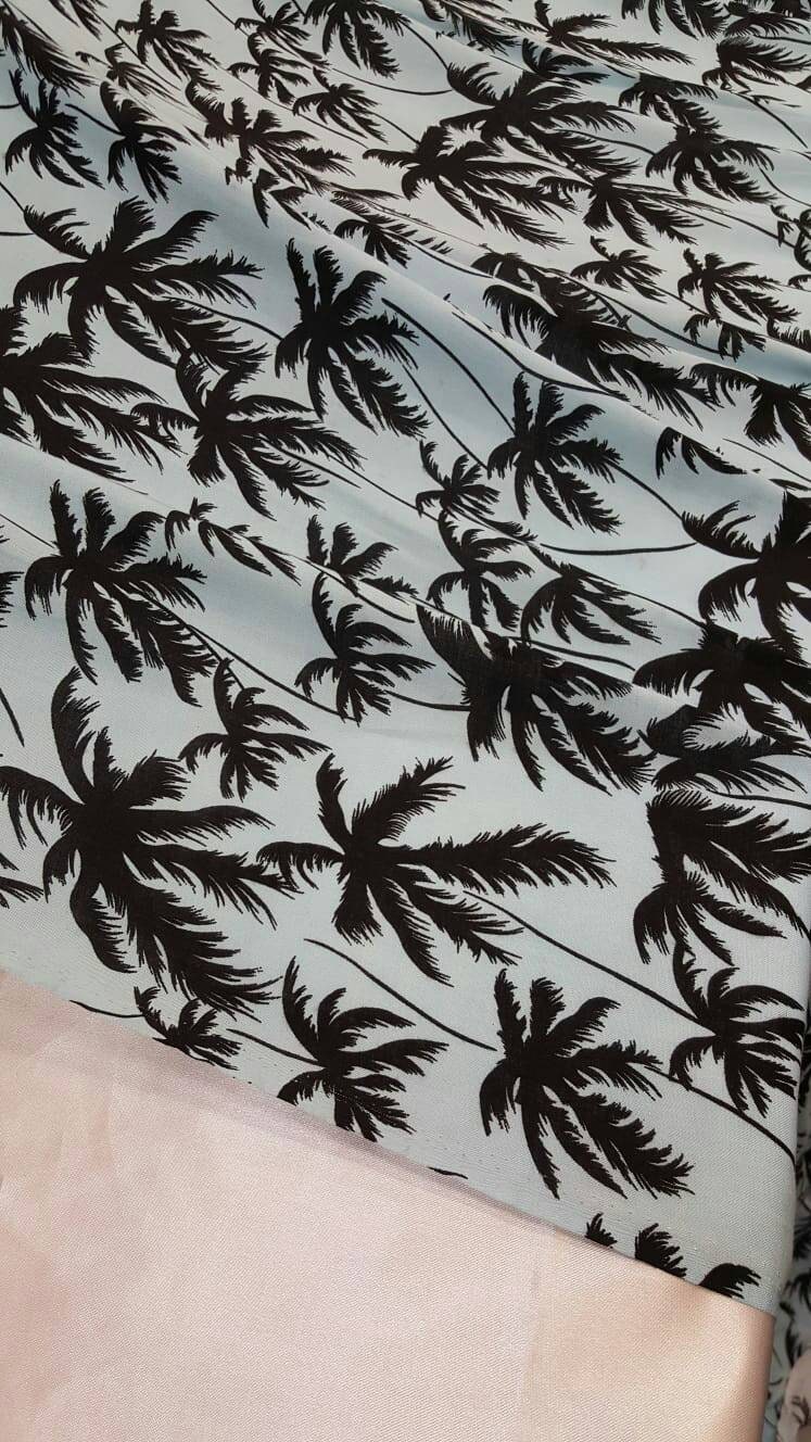 100% Rayon challis black Palm tree on baby blue background