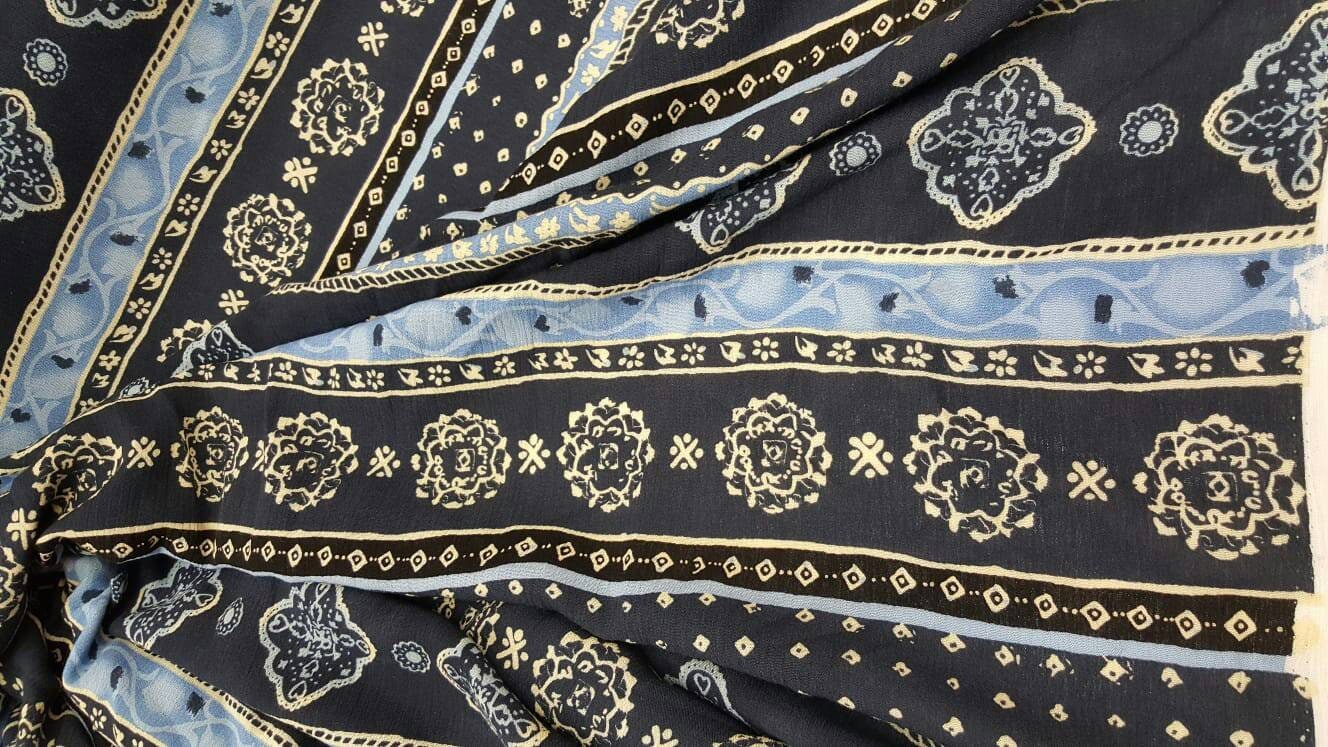 100% Rayon crêpe w Blue paisleys blue n white Fabric by the yard soft flowy organic kids dress draping clothing