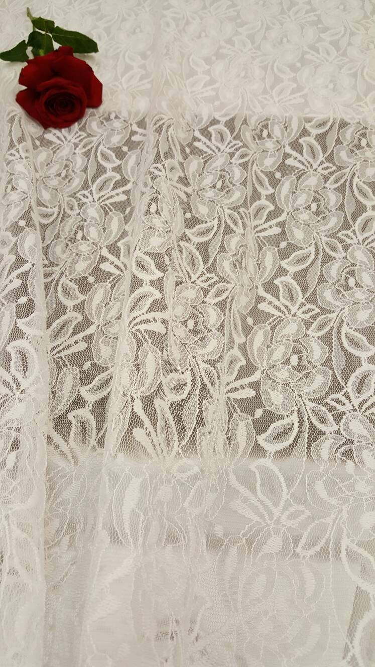 White Bridal stretch Lace Floral Flowers Embroidered on 4 Way Stretch Mesh Wedding Fabric Sold by the Yard Gown Dress Decoration Draping