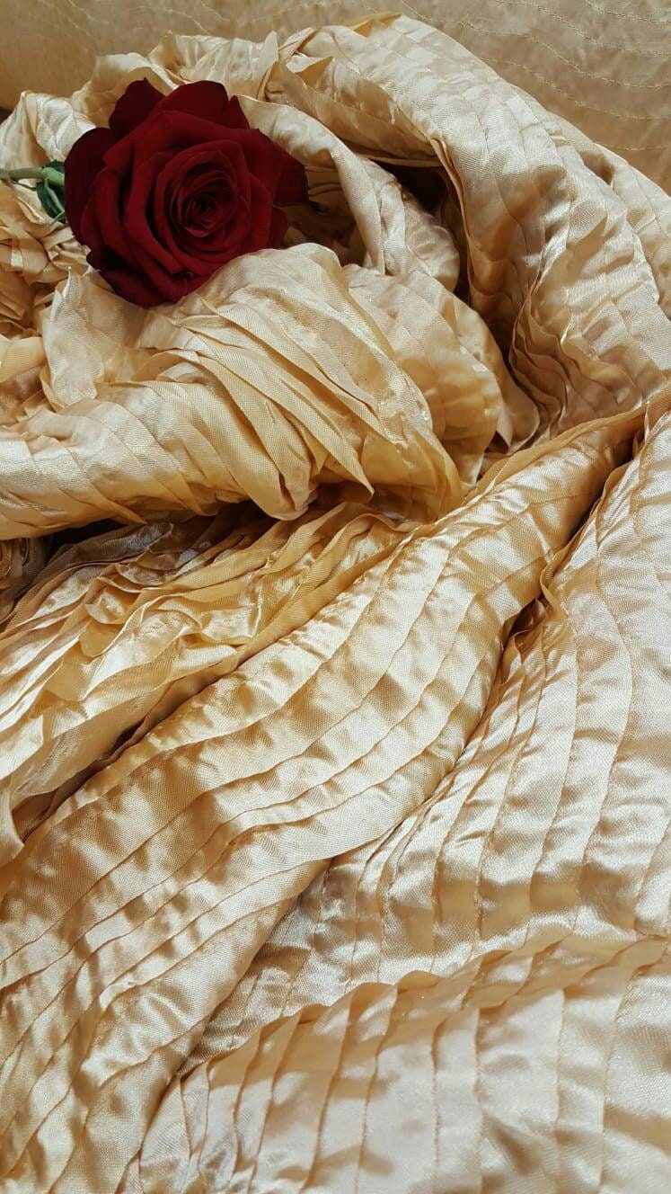 Gold Waves Satin Fabric Sold By The Yard Gown Quinceañera Bridal Decoration Draping Table Cloths Clothing Dancer Ruffles.