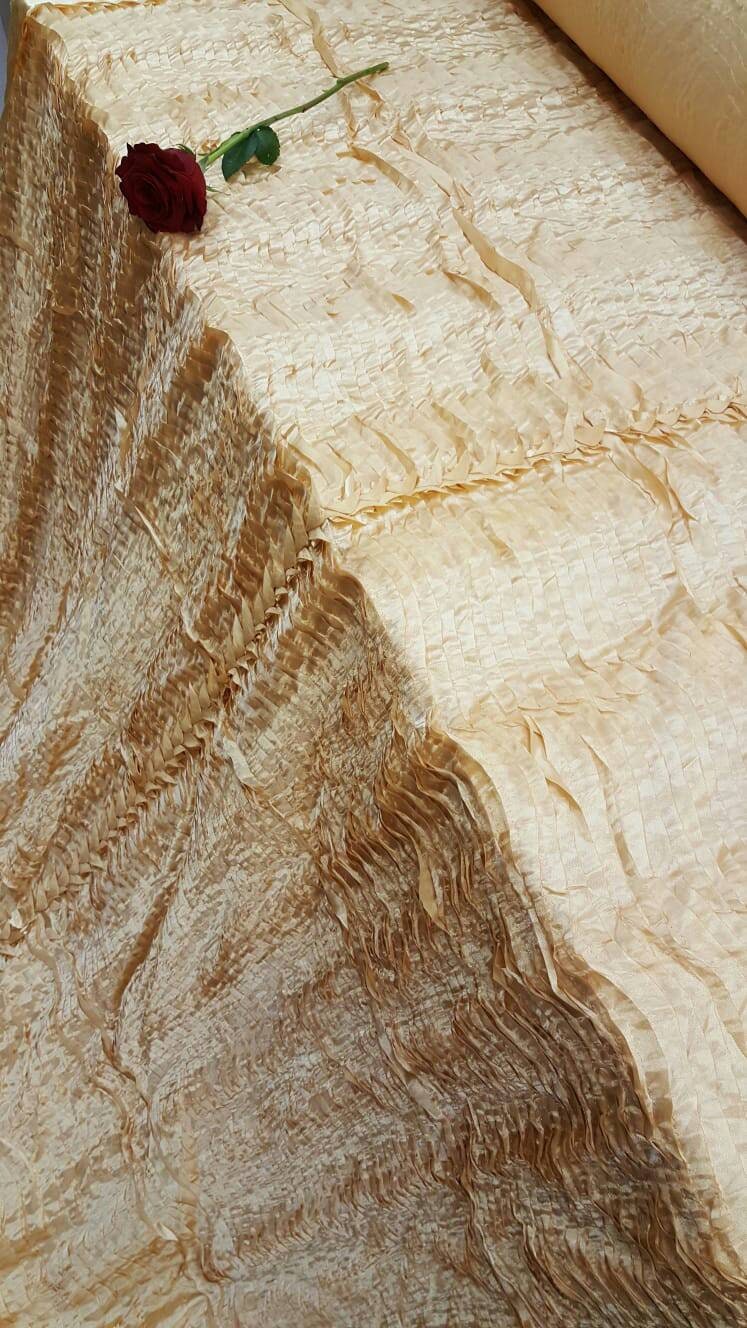Gold Waves Satin Fabric Sold By The Yard Gown Quinceañera Bridal Decoration Draping Table Cloths Clothing Dancer Ruffles.