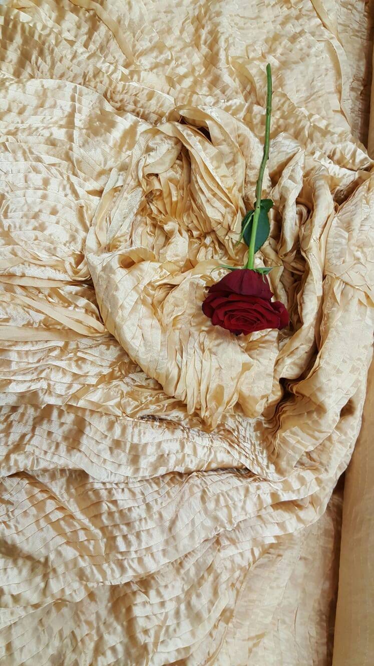 Gold Waves Satin Fabric Sold By The Yard Gown Quinceañera Bridal Decoration Draping Table Cloths Clothing Dancer Ruffles.