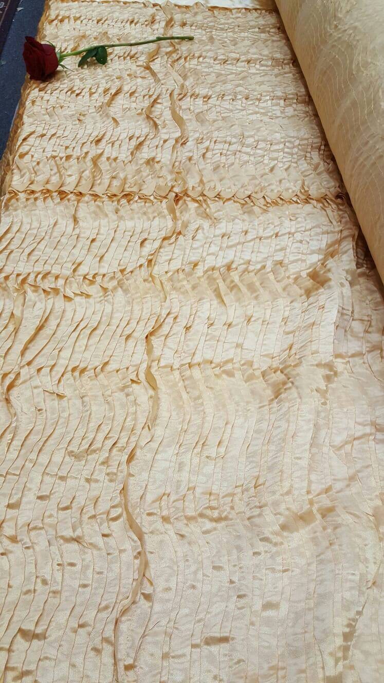 Gold Waves Satin Fabric Sold By The Yard Gown Quinceañera Bridal Decoration Draping Table Cloths Clothing Dancer Ruffles.