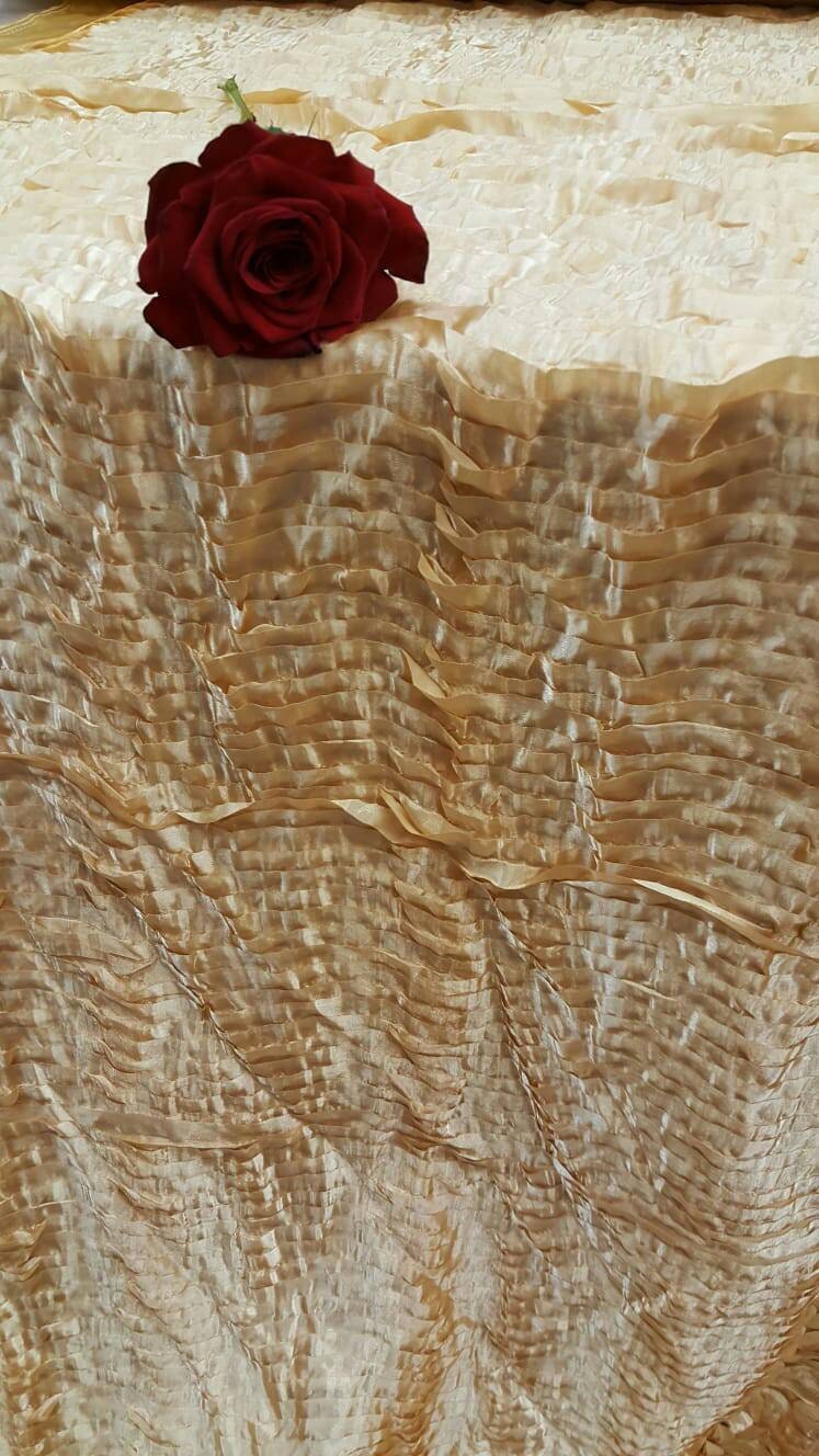 Gold Waves Satin Fabric Sold By The Yard Gown Quinceañera Bridal Decoration Draping Table Cloths Clothing Dancer Ruffles.