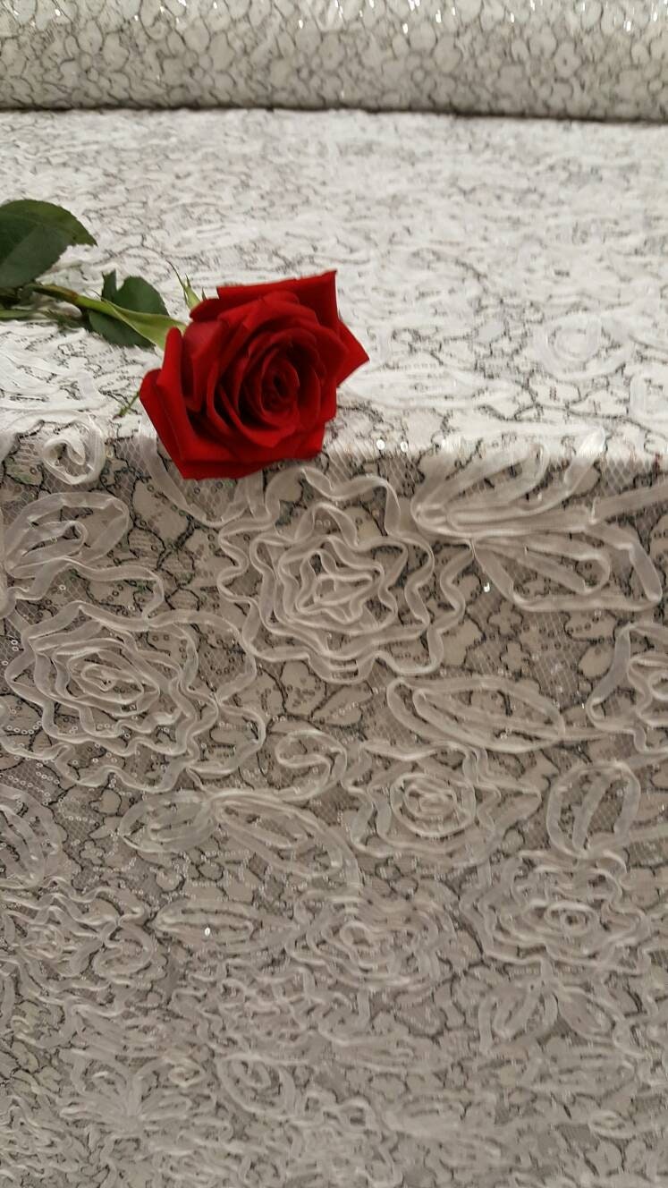 White and Black Embroidered Silver Sequin White Ribbon on Mesh Fabric by the Yard Gown Quinceañera Bridal Evening Dress Decoration Draping