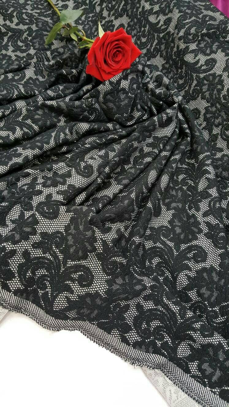 Floral Flowers Stretch Black Jersey Knit Fabric By The Yard Gown Bridal Gorgeous Decoration Draping Table Cloths Clothing