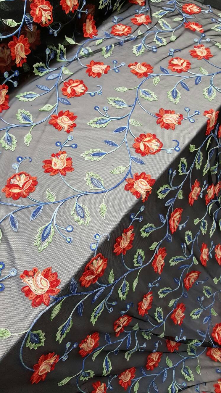 Multicolor Floral Flowers Embroidered Lace Prom Fabric by the Yard Gown Quinceañera Decoration Coral Blue Green Black Mesh