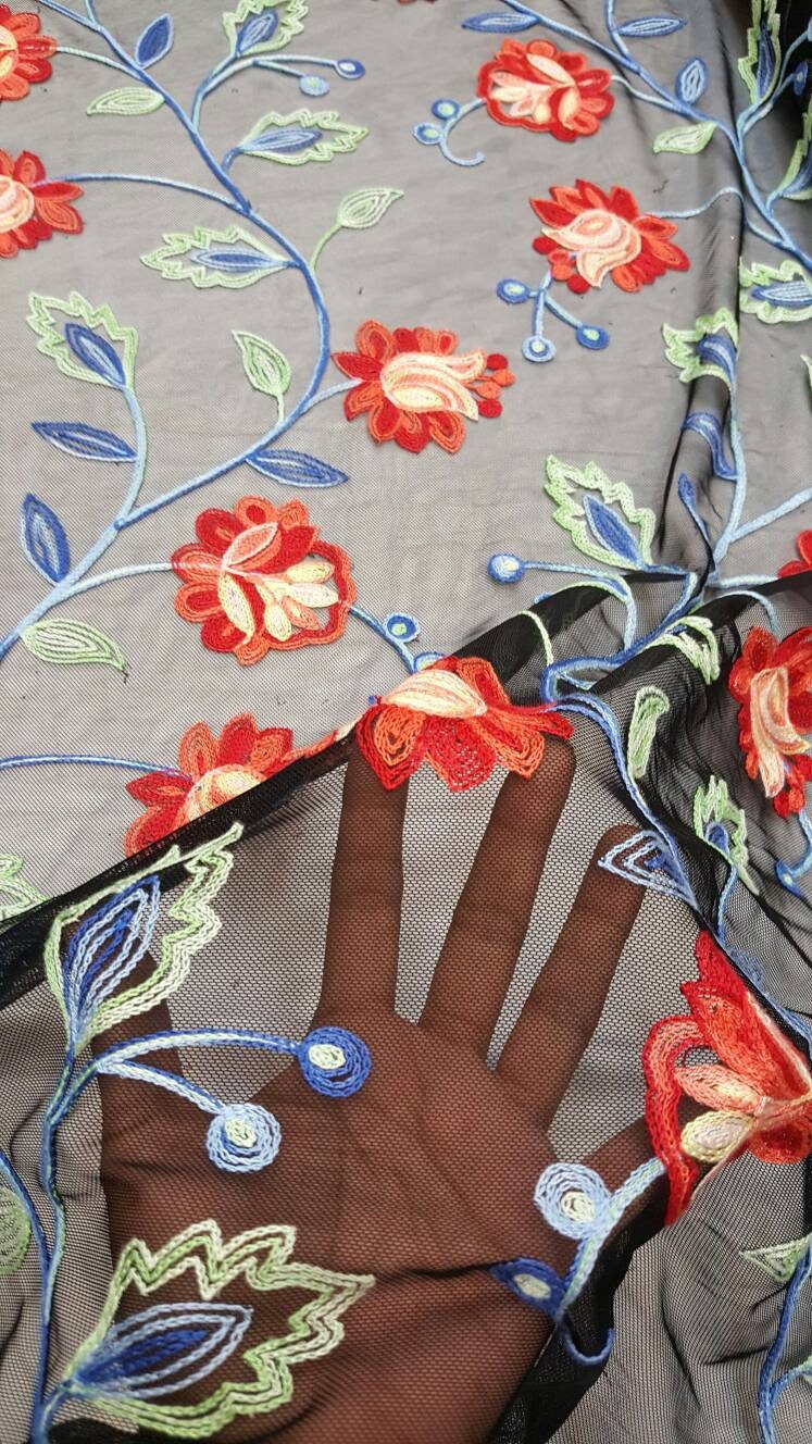 Multicolor Floral Flowers Embroidered Lace Prom Fabric by the Yard Gown Quinceañera Decoration Coral Blue Green Black Mesh
