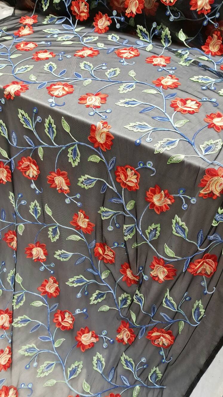 Multicolor Floral Flowers Embroidered Lace Prom Fabric by the Yard Gown Quinceañera Decoration Coral Blue Green Black Mesh