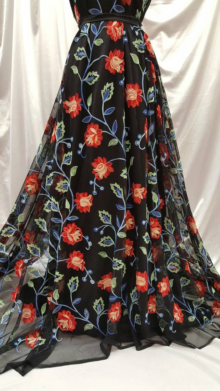 Multicolor Floral Flowers Embroidered Lace Prom Fabric by the Yard Gown Quinceañera Decoration Coral Blue Green Black Mesh