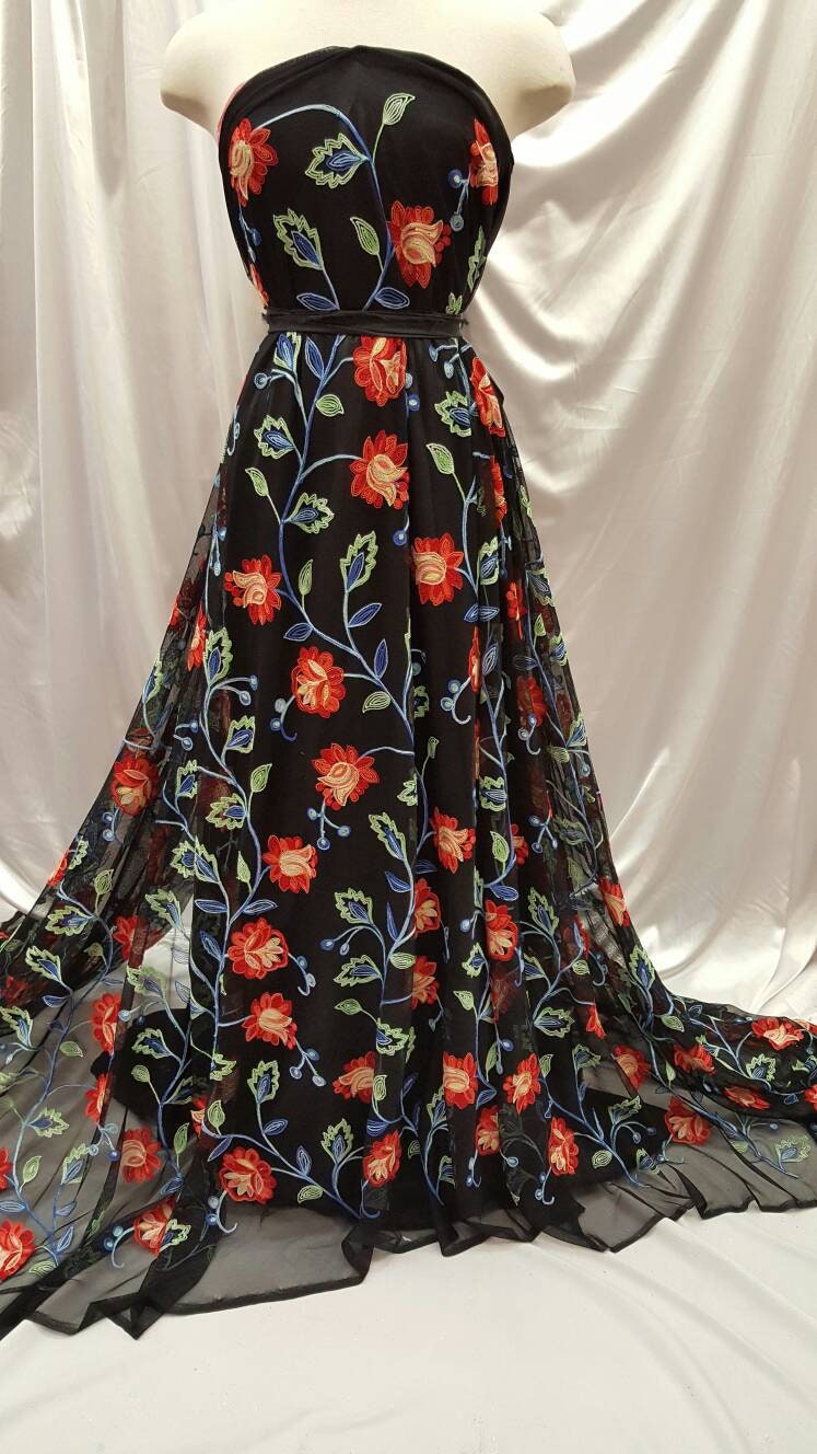 Multicolor Floral Flowers Embroidered Lace Prom Fabric by the Yard Gown Quinceañera Decoration Coral Blue Green Black Mesh